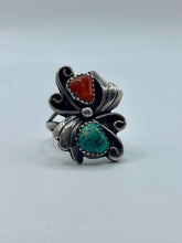 Coral and turquoise flower ring