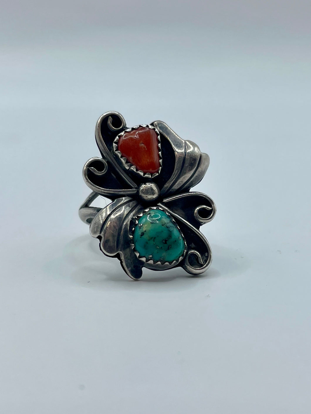 Coral and turquoise flower ring