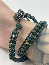 Handmade green leather and beaded bracelet